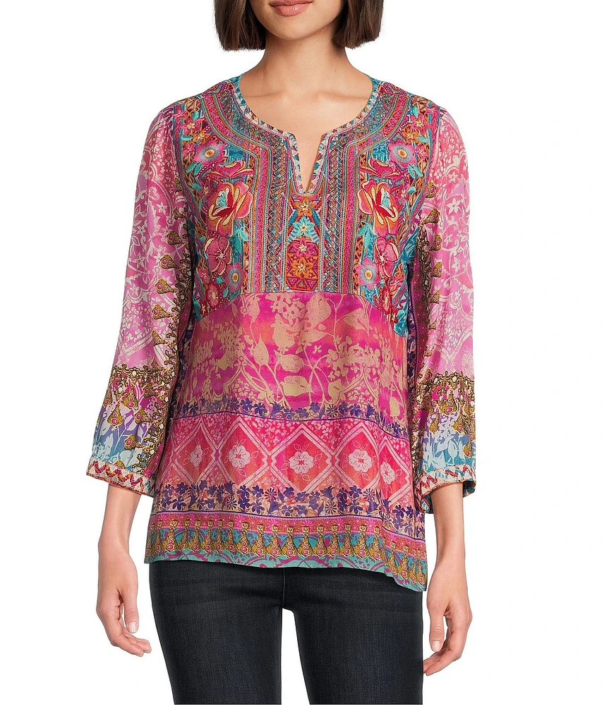 John Mark Petite Size Embroidered Mix Floral Split V-Neck 3/4 Sleeve Tunic