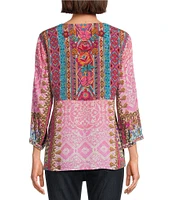 John Mark Petite Size Embroidered Mix Floral Split V-Neck 3/4 Sleeve Tunic