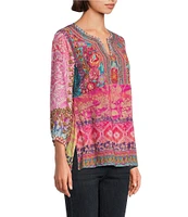 John Mark Petite Size Embroidered Mix Floral Split V-Neck 3/4 Sleeve Tunic