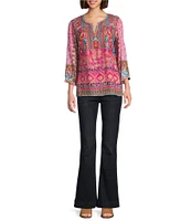 John Mark Petite Size Embroidered Mix Floral Split V-Neck 3/4 Sleeve Tunic