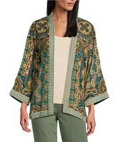 John Mark Petite Size Embroidered Printed Open Front 3/4 Sleeve Kimono