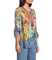 John Mark Petite Size Embroidered Printed Split V-Neck 3/4 Cinched Sleeve Tassel Tie Front Tunic