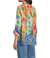 John Mark Petite Size Embroidered Printed Split V-Neck 3/4 Cinched Sleeve Tassel Tie Front Tunic