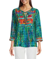 John Mark Petite Size Embroidered Printed Split V-Neck 3/4 Sleeve Hi-Low Hem Tunic
