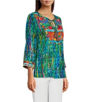 John Mark Petite Size Embroidered Printed Split V-Neck 3/4 Sleeve Hi-Low Hem Tunic