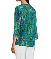 John Mark Petite Size Embroidered Printed Split V-Neck 3/4 Sleeve Hi-Low Hem Tunic