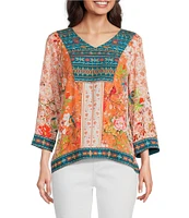 John Mark Petite Size Embroidered Printed V-Neck 3/4 Sleeve Top
