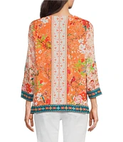John Mark Petite Size Embroidered Printed V-Neck 3/4 Sleeve Top