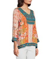 John Mark Petite Size Embroidered Printed V-Neck 3/4 Sleeve Top