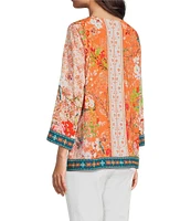 John Mark Petite Size Embroidered Printed V-Neck 3/4 Sleeve Top