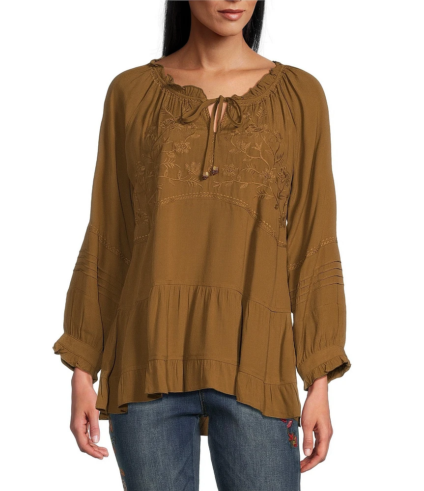 John Mark Petite Size Embroidered Round Neck 3/4 Sleeve Tiered Top