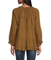 John Mark Petite Size Embroidered Round Neck 3/4 Sleeve Tiered Top