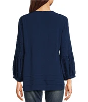 John Mark Petite Size Embroidered Split Round Neck 3/4 Sleeve Top