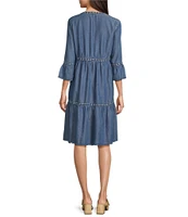 John Mark Petite Size Embroidered Split Tassel V-Neck 3/4 Flounce Sleeve Tiered Dress