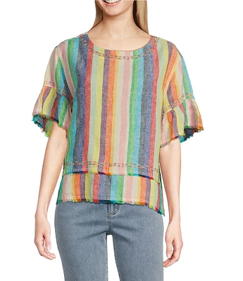 John Mark Petite Size Embroidered Yarn-Dye Stripe Crew Neck Short Ruffle Hi-Low Hem Top