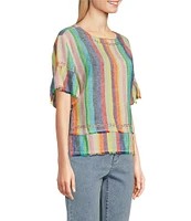 John Mark Petite Size Embroidered Yarn-Dye Stripe Crew Neck Short Ruffle Hi-Low Hem Top