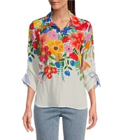 John Mark Petite Size Floral Point Collar 3/4 Cinched Tie Sleeve Top