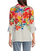 John Mark Petite Size Floral Point Collar 3/4 Cinched Tie Sleeve Top
