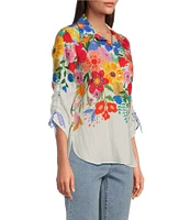 John Mark Petite Size Floral Point Collar 3/4 Cinched Tie Sleeve Top