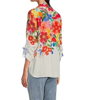 John Mark Petite Size Floral Point Collar 3/4 Cinched Tie Sleeve Top