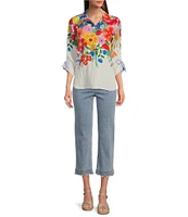 John Mark Petite Size Floral Point Collar 3/4 Cinched Tie Sleeve Top