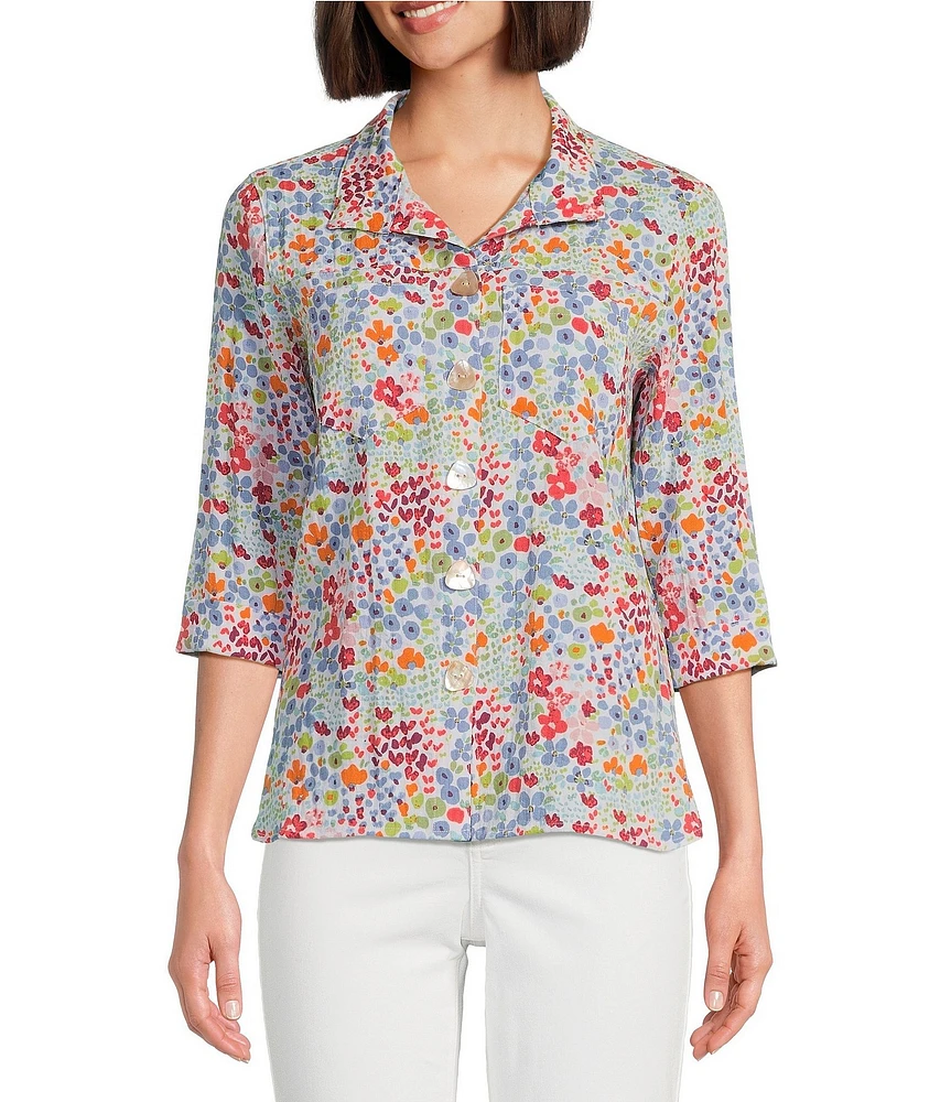 John Mark Petite Size Floral Print Wire Neck 3/4 Sleeve Button-Front Camp Shirt
