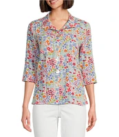 John Mark Petite Size Floral Print Wire Neck 3/4 Sleeve Button-Front Camp Shirt