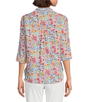 John Mark Petite Size Floral Print Wire Neck 3/4 Sleeve Button-Front Camp Shirt