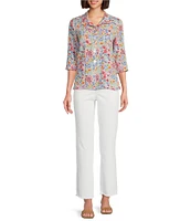 John Mark Petite Size Floral Print Wire Neck 3/4 Sleeve Button-Front Camp Shirt