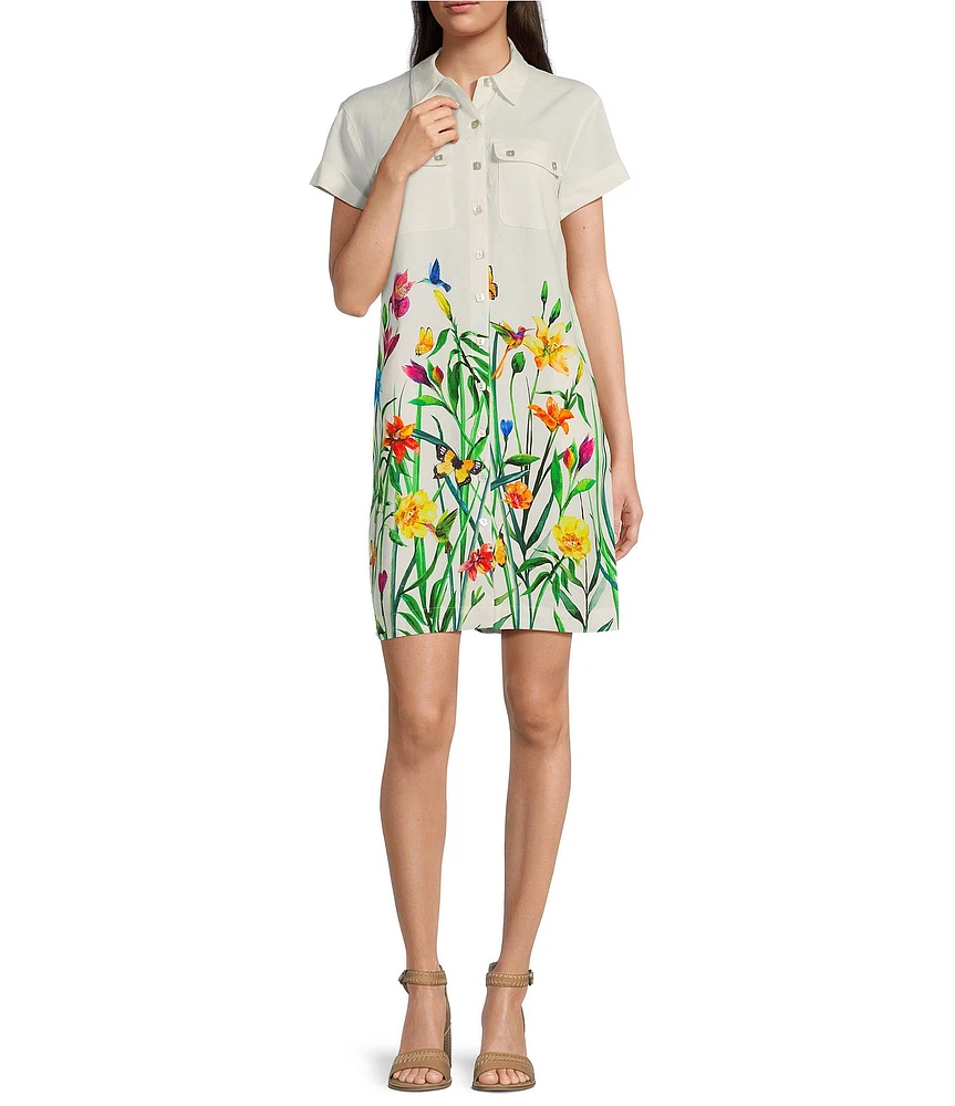 John Mark Petite Size Floral Spring Point Collar Short Sleeve Hi-Low Hem Shirt Dress