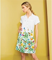 John Mark Petite Size Floral Spring Point Collar Short Sleeve Hi-Low Hem Shirt Dress