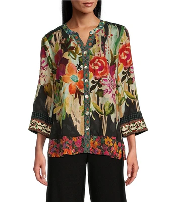 John Mark Petite Size Jacquard Mixed Print Mandarin Collar 3/4 Sleeve Hi-Low Hem Button-Front Blouse