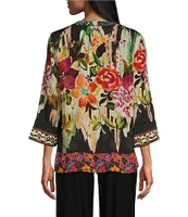 John Mark Petite Size Jacquard Mixed Print Mandarin Collar 3/4 Sleeve Hi-Low Hem Button-Front Blouse