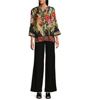 John Mark Petite Size Jacquard Mixed Print Mandarin Collar 3/4 Sleeve Hi-Low Hem Button-Front Blouse