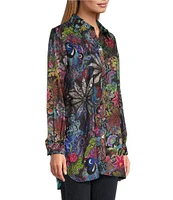 John Mark Petite Size Mixed Print Satin Point Collar Long Roll-Tab Sleeve Button Front Blouse