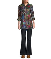 John Mark Petite Size Mixed Print Satin Point Collar Long Roll-Tab Sleeve Button Front Blouse