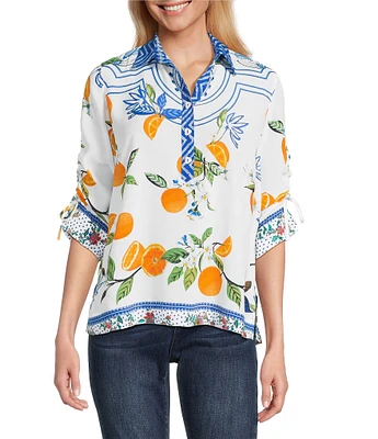 John Mark Petite Size Printed Wire Neck 3/4 Cinch Tie Sleeve Tunic