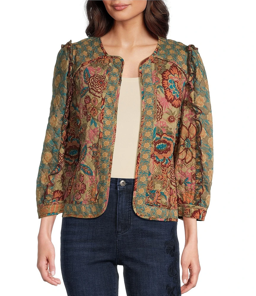 John Mark Petite Size Quilted Multi Print Round Neck 3/4 Sleeve Jacket