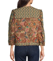 John Mark Petite Size Quilted Multi Print Round Neck 3/4 Sleeve Jacket