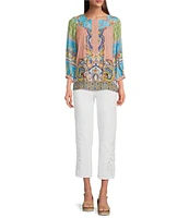 John Mark Petite Size Shirring Woven Printed Scoop Neck 3/4 Sleeve Top
