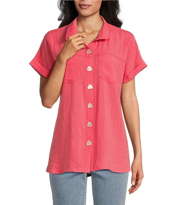John Mark Petite Size Solid Wire Collar Short Dolman Sleeve Button Front Camp Shirt