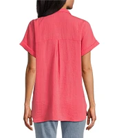 John Mark Petite Size Solid Wire Collar Short Dolman Sleeve Button Front Camp Shirt