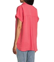 John Mark Petite Size Solid Wire Collar Short Dolman Sleeve Button Front Camp Shirt