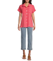 John Mark Petite Size Solid Wire Collar Short Dolman Sleeve Button Front Camp Shirt