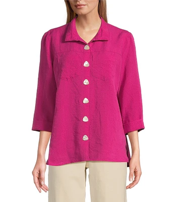 John Mark Petite Size Solid Woven 3/4 Sleeve Wire Collared Button Front Patch Pocket Camp Shirt