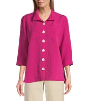 John Mark Petite Size Solid Woven 3/4 Sleeve Wire Collared Button Front Patch Pocket Camp Shirt