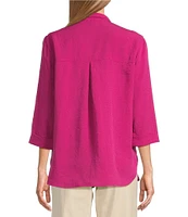 John Mark Petite Size Solid Woven 3/4 Sleeve Wire Collared Button Front Patch Pocket Camp Shirt