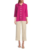 John Mark Petite Size Solid Woven 3/4 Sleeve Wire Collared Button Front Patch Pocket Camp Shirt