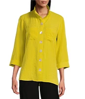 John Mark Petite Size Solid Woven 3/4 Sleeve Wire Collared Button Front Patch Pocket Camp Shirt