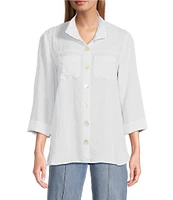 John Mark Petite Size Solid Woven 3/4 Sleeve Wire Collared Button Front Patch Pocket Camp Shirt
